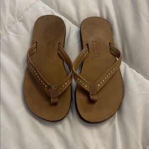 Rainbow Tan Flip Flops with Studded Straps